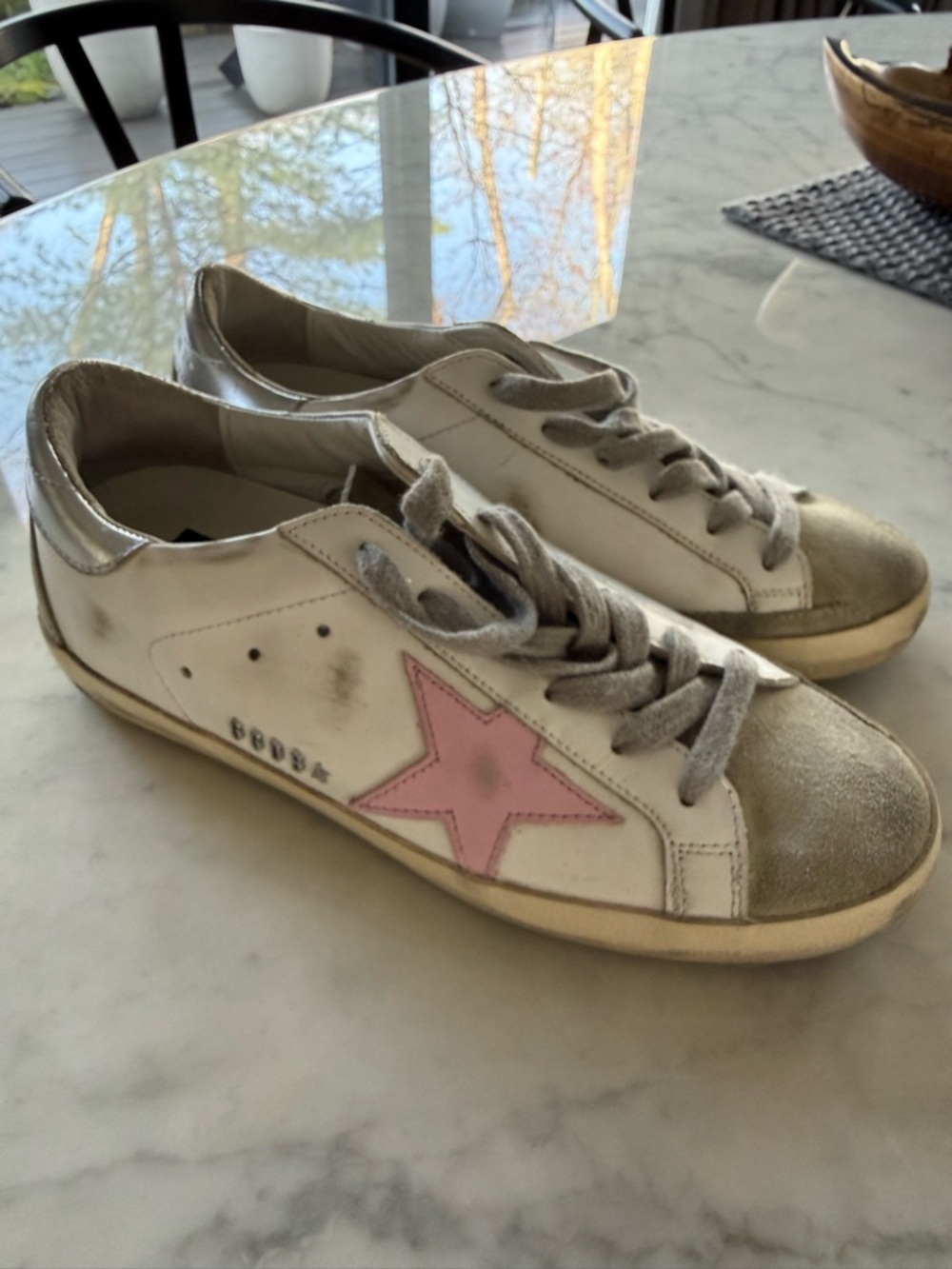 Golden Goose White Sneakers with Pink Star and Silver Accents